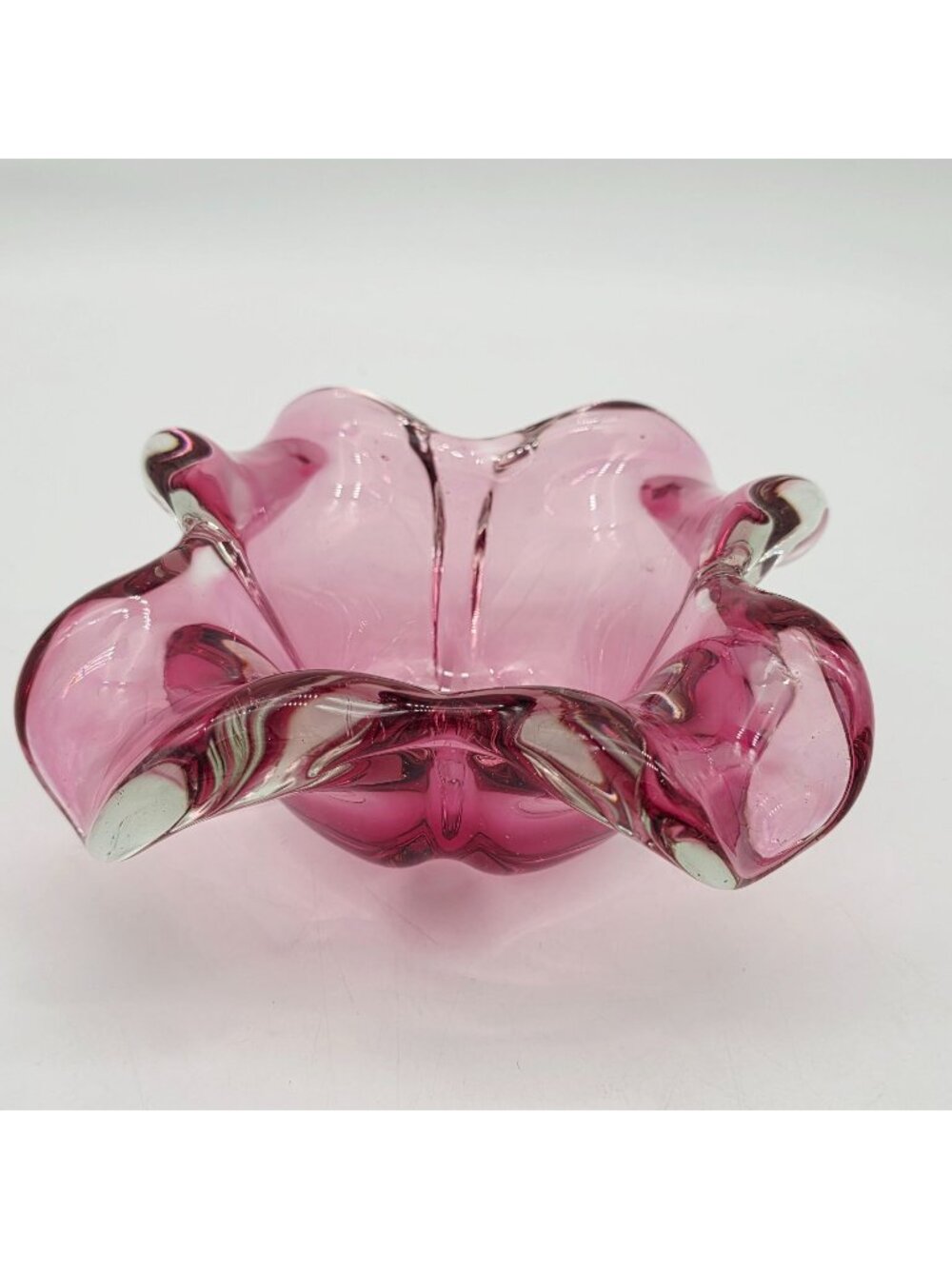 Handblown Pink Czech Glass Bowl With Ruffled Edge 8"